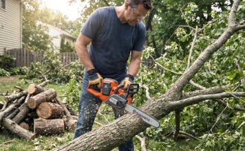 Husqvarna Battery Chainsaw Guide: 120i vs 225i vs Power Axe 350i A Husqvarna battery chainsaw cutting a fallen tree branch in a backyard