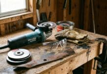 Makita Grinder Guide 2026: Best Angle Grinders for Homeowners & Shed Projects Makita angle grinder on a workbench in a home shed with safety glasses gloves and cutting wheels