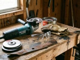 Makita Grinder Guide 2026: Best Angle Grinders for Homeowners & Shed Projects Makita angle grinder on a workbench in a home shed with safety glasses gloves and cutting wheels