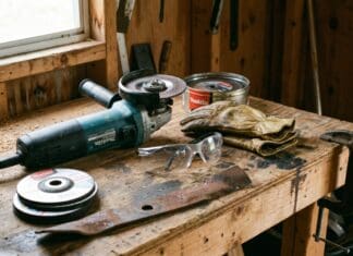Makita Grinder Guide 2026: Best Angle Grinders for Homeowners & Shed Projects Makita angle grinder on a workbench in a home shed with safety glasses gloves and cutting wheels