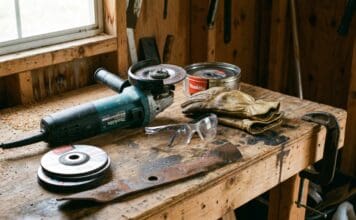 Makita Grinder Guide 2026: Best Angle Grinders for Homeowners & Shed Projects Makita angle grinder on a workbench in a home shed with safety glasses gloves and cutting wheels