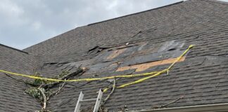 Missing Shingles on Roof: Will It Leak, Can You Replace Them, or Is It Time for a New Roof? A roof with several missing asphalt shingles after wind damage exposing the underlayment