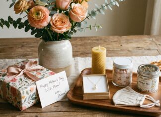 Mother’s Day 2026: Last-Minute Gift Ideas That Still Feel Thoughtful Mother’s Day 2026 gift box with flowers, card, candle, and jewelry on a table