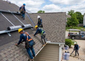 New Roof Installation: What Happens During a Professional Replacement Professional roof installers placing new shingles during a residential roof installation