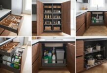 Best Pull Out Drawers for Cabinets: Kitchen, Pantry, Sink & Storage Options Pull out drawers installed inside kitchen cabinets with pots, pans, pantry items, and cleaning supplies organized on sliding shelves