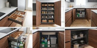 Best Pull Out Drawers for Cabinets: Kitchen, Pantry, Sink & Storage Options Pull out drawers installed inside kitchen cabinets with pots, pans, pantry items, and cleaning supplies organized on sliding shelves