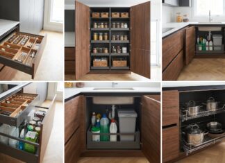 Best Pull Out Drawers for Cabinets: Kitchen, Pantry, Sink & Storage Options Pull out drawers installed inside kitchen cabinets with pots, pans, pantry items, and cleaning supplies organized on sliding shelves