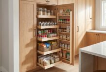 Best Pull Out Pantry Cabinets: Slide-Out Systems, Racks & Tall Organizers A tall pull out pantry cabinet with sliding shelves filled with jars, cans, spices, and dry goods