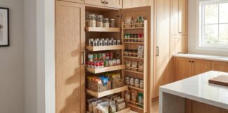 Best Pull Out Pantry Cabinets: Slide-Out Systems, Racks & Tall Organizers A tall pull out pantry cabinet with sliding shelves filled with jars, cans, spices, and dry goods