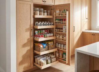 Best Pull Out Pantry Cabinets: Slide-Out Systems, Racks & Tall Organizers A tall pull out pantry cabinet with sliding shelves filled with jars, cans, spices, and dry goods