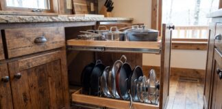 Best Pull Out Pot and Pan Holders for Kitchen Cabinets Pull out pot and pan holder installed inside a lower kitchen cabinet with cookware, lids, and frying pans organized on sliding shelves