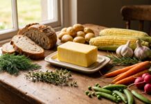 Pure Irish Butter: Kerrygold, Aldi, Salted vs Unsalted & Uses Pure Irish butter on sourdough bread with garden herbs, potatoes, and fresh vegetables on a kitchen table