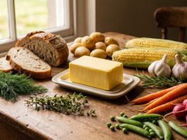 Pure Irish Butter: Kerrygold, Aldi, Salted vs Unsalted & Uses Pure Irish butter on sourdough bread with garden herbs, potatoes, and fresh vegetables on a kitchen table