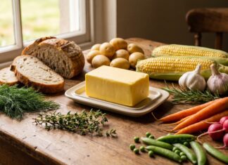 Pure Irish Butter: Kerrygold, Aldi, Salted vs Unsalted & Uses Pure Irish butter on sourdough bread with garden herbs, potatoes, and fresh vegetables on a kitchen table