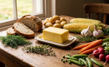 Pure Irish Butter: Kerrygold, Aldi, Salted vs Unsalted & Uses Pure Irish butter on sourdough bread with garden herbs, potatoes, and fresh vegetables on a kitchen table