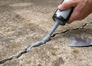 Best Sealer for Concrete Cracks: Driveways, Patios, Floors & Walls A homeowner applying concrete crack sealer into a driveway crack with a caulking gun