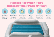 SlumberTot Inflatable Toddler Bed Review: Is It Worth It? SlumberTot inflatable toddler bed set up in a guest room for travel sleep