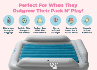SlumberTot Inflatable Toddler Bed Review: Is It Worth It? SlumberTot inflatable toddler bed set up in a guest room for travel sleep