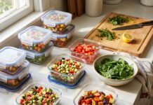 Snapware Containers Review (2026): I Replaced Every Food Container in My Kitchen — Here’s What Happened A kitchen counter filled with glass and plastic Snapware containers during a weekly meal prep session, featuring fresh vegetables and locked silicone lids.
