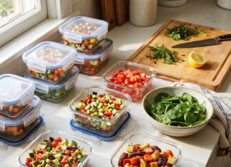 Snapware Containers Review (2026): I Replaced Every Food Container in My Kitchen — Here’s What Happened A kitchen counter filled with glass and plastic Snapware containers during a weekly meal prep session, featuring fresh vegetables and locked silicone lids.