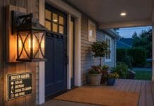 Best Solar Outdoor Wall Lanterns 2026: Porch, Fence & Garage Picks Black solar outdoor wall lantern mounted beside a front porch door at dusk