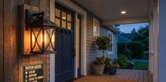 Best Solar Outdoor Wall Lanterns 2026: Porch, Fence & Garage Picks Black solar outdoor wall lantern mounted beside a front porch door at dusk