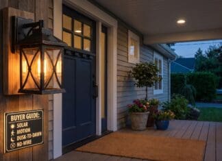Best Solar Outdoor Wall Lanterns 2026: Porch, Fence & Garage Picks Black solar outdoor wall lantern mounted beside a front porch door at dusk