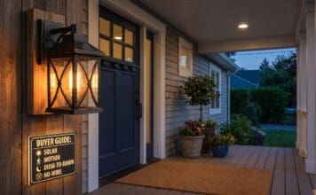 Best Solar Outdoor Wall Lanterns 2026: Porch, Fence & Garage Picks Black solar outdoor wall lantern mounted beside a front porch door at dusk
