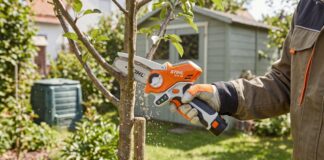 Stihl Mini Chainsaw Guide: GTA 26, Battery Options & What to Know Before Buying A compact Stihl mini chainsaw style pruning saw cutting a small tree branch in a backyard