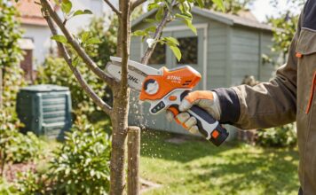 Stihl Mini Chainsaw Guide: GTA 26, Battery Options & What to Know Before Buying A compact Stihl mini chainsaw style pruning saw cutting a small tree branch in a backyard