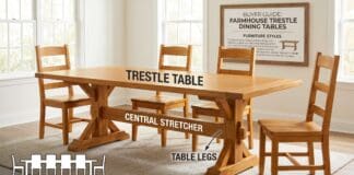 Trestle Tables: Best Dining Styles, Sizes, Bases & Buying Guide 2026 Solid wood farmhouse trestle dining table with matching chairs in a bright dining room