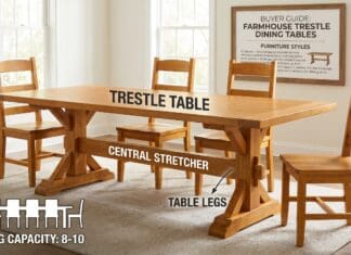 Trestle Tables: Best Dining Styles, Sizes, Bases & Buying Guide 2026 Solid wood farmhouse trestle dining table with matching chairs in a bright dining room