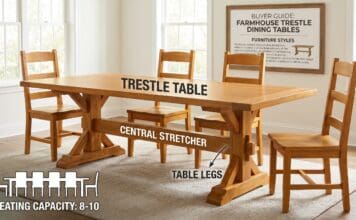 Trestle Tables: Best Dining Styles, Sizes, Bases & Buying Guide 2026 Solid wood farmhouse trestle dining table with matching chairs in a bright dining room