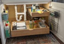 Best Under Sink Pull Out Drawers: Organizers for Kitchen and Bathroom Cabinets Under sink pull out drawers installed below a kitchen sink with cleaning supplies organized around plumbing pipes