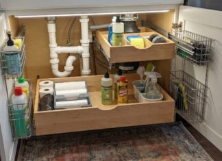 Best Under Sink Pull Out Drawers: Organizers for Kitchen and Bathroom Cabinets Under sink pull out drawers installed below a kitchen sink with cleaning supplies organized around plumbing pipes