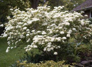 Viburnum: Best Varieties, Care, Pruning, Size & Landscape Uses Viburnum shrub with white spring flowers in a landscaped garden border
