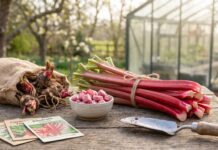 Where to Buy Rhubarb: Fresh, Frozen, Plants, Crowns & Online Options Fresh rhubarb stalks, frozen rhubarb, and rhubarb crowns arranged on a garden table for a guide on where to buy rhubarb