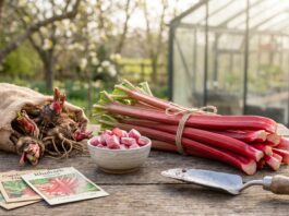 Where to Buy Rhubarb: Fresh, Frozen, Plants, Crowns & Online Options Fresh rhubarb stalks, frozen rhubarb, and rhubarb crowns arranged on a garden table for a guide on where to buy rhubarb