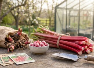 Where to Buy Rhubarb: Fresh, Frozen, Plants, Crowns & Online Options Fresh rhubarb stalks, frozen rhubarb, and rhubarb crowns arranged on a garden table for a guide on where to buy rhubarb