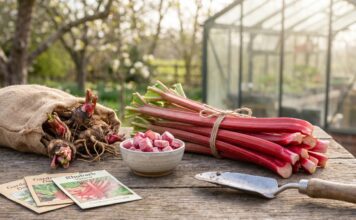 Where to Buy Rhubarb: Fresh, Frozen, Plants, Crowns & Online Options Fresh rhubarb stalks, frozen rhubarb, and rhubarb crowns arranged on a garden table for a guide on where to buy rhubarb