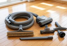 Best Central Vacuum Attachments for Hardwood, Pet Hair & Carpet Central vacuum attachments including hose, powerhead, floor brush, crevice tool, and pet hair brush on a clean floor