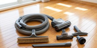 Best Central Vacuum Attachments for Hardwood, Pet Hair & Carpet Central vacuum attachments including hose, powerhead, floor brush, crevice tool, and pet hair brush on a clean floor