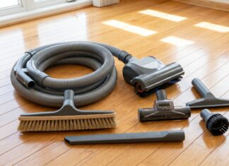 Best Central Vacuum Attachments for Hardwood, Pet Hair & Carpet Central vacuum attachments including hose, powerhead, floor brush, crevice tool, and pet hair brush on a clean floor