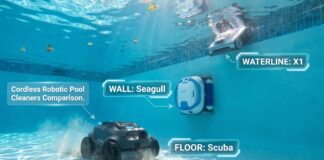 Aiper Cordless Robotic Pool Cleaner: Scuba, Seagull & X1 Compared Aiper cordless robotic pool cleaner working on the floor of a clean backyard swimming pool