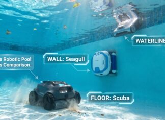 Aiper Cordless Robotic Pool Cleaner: Scuba, Seagull & X1 Compared Aiper cordless robotic pool cleaner working on the floor of a clean backyard swimming pool