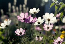 Are Cosmos Perennials or Annuals? Do They Come Back? Cosmos flowers blooming in a sunny garden with seed heads showing how annual cosmos can self-seed