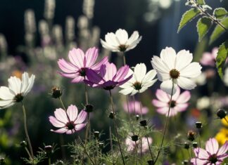 Are Cosmos Perennials or Annuals? Do They Come Back? Cosmos flowers blooming in a sunny garden with seed heads showing how annual cosmos can self-seed