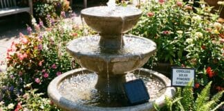 Best Solar Pump for Fountains & Bird Baths (2026 Guide) Floating solar water pump operating in a stone garden bird bath under direct sunlight