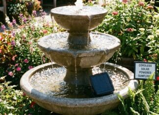Best Solar Pump for Fountains & Bird Baths (2026 Guide) Floating solar water pump operating in a stone garden bird bath under direct sunlight