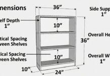 Bookshelf Dimensions: Depth, Height, Shelf Spacing & Sag Bookshelf dimensions diagram with shelf depth, height, width, spacing, and board thickness marked on a DIY bookcase